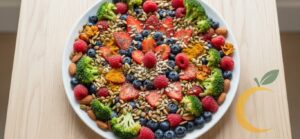 Prato colorido visto de cima, com alimentos funcionais como frutas vermelhas, brócolis, sementes, castanhas e especiarias. Visual limpo, cores vibrantes e sensação de saúde e leveza.