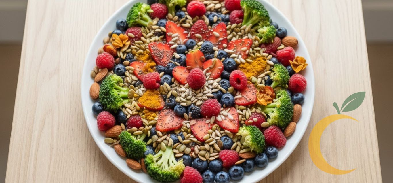 Prato colorido visto de cima, com alimentos funcionais como frutas vermelhas, brócolis, sementes, castanhas e especiarias. Visual limpo, cores vibrantes e sensação de saúde e leveza.
