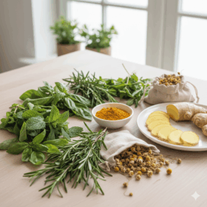 Ervas anti-inflamatórias variadas dispostas sobre uma mesa clara, incluindo cúrcuma, gengibre, alecrim, hortelã, camomila e manjericão.
