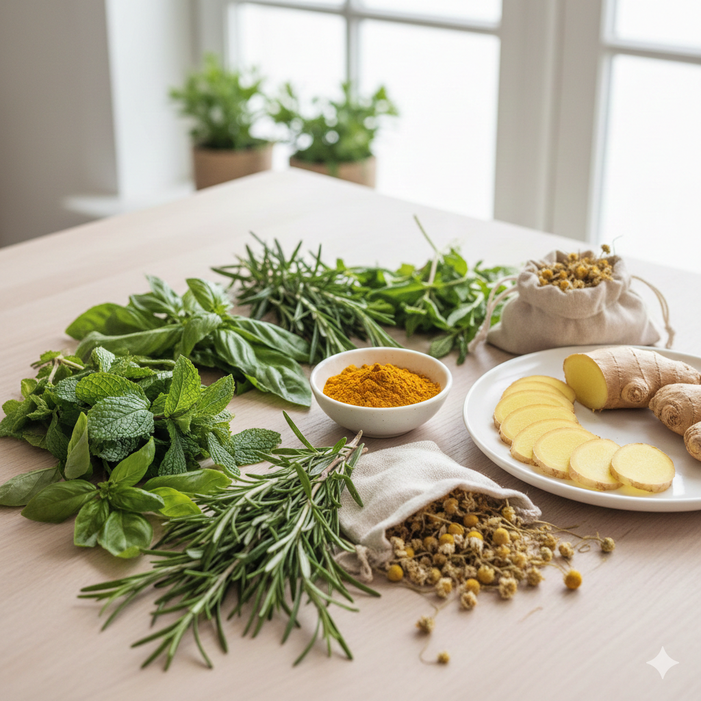Ervas anti-inflamatórias variadas dispostas sobre uma mesa clara, incluindo cúrcuma, gengibre, alecrim, hortelã, camomila e manjericão.