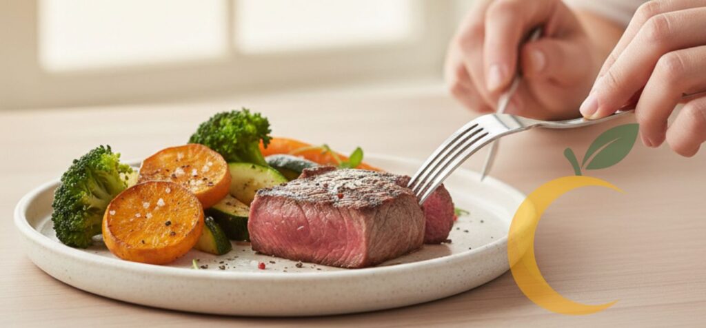 Carne vermelha magra grelhada acompanhada de vegetais, mostrando uma refeição equilibrada, nutritiva e saudável.