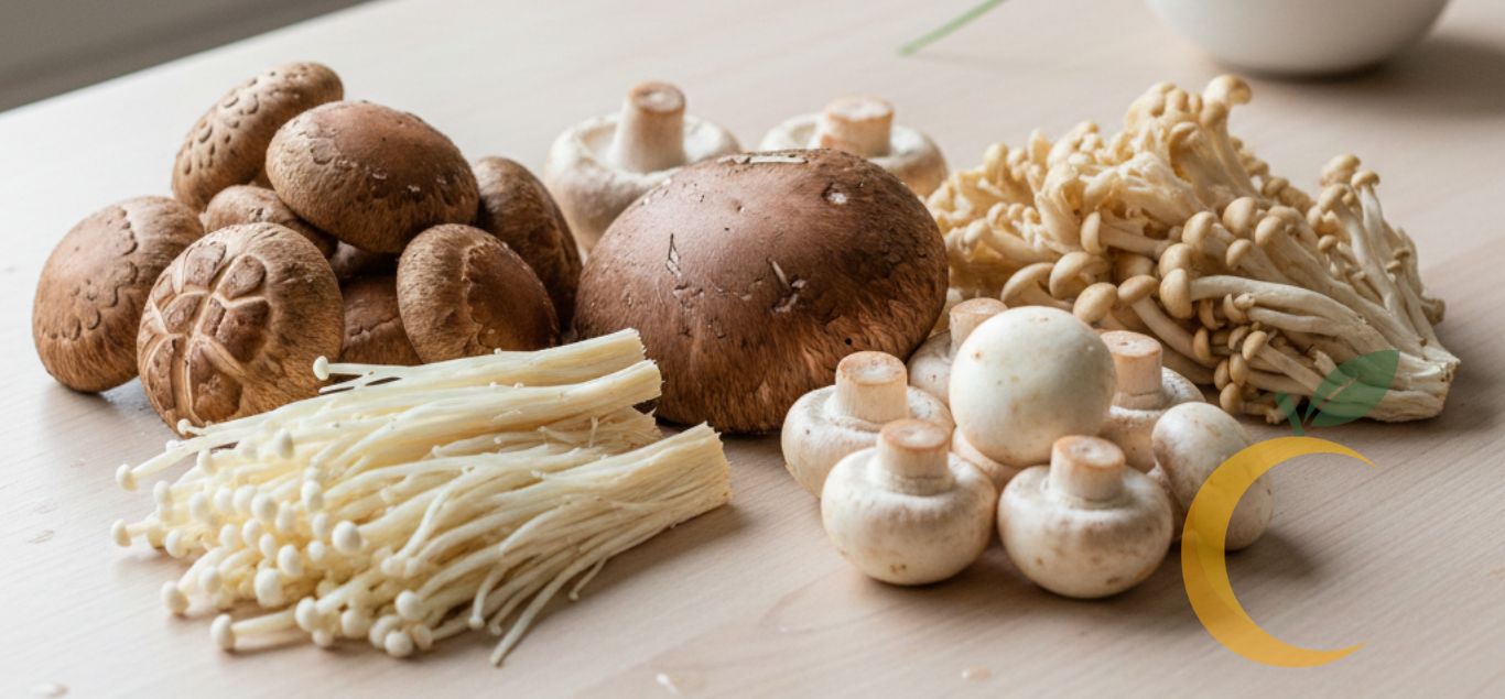 Vários tipos de cogumelos comestíveis frescos organizados sobre uma mesa de madeira clara.