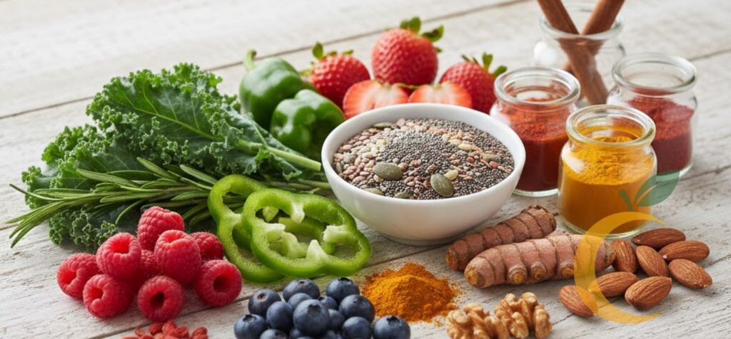 Composição elegante com alimentos funcionais variados, como frutas vermelhas, vegetais verdes, especiarias e sementes, representando abordagem integrada da nutrição funcional. Estética clean, tons suaves e luz natural.