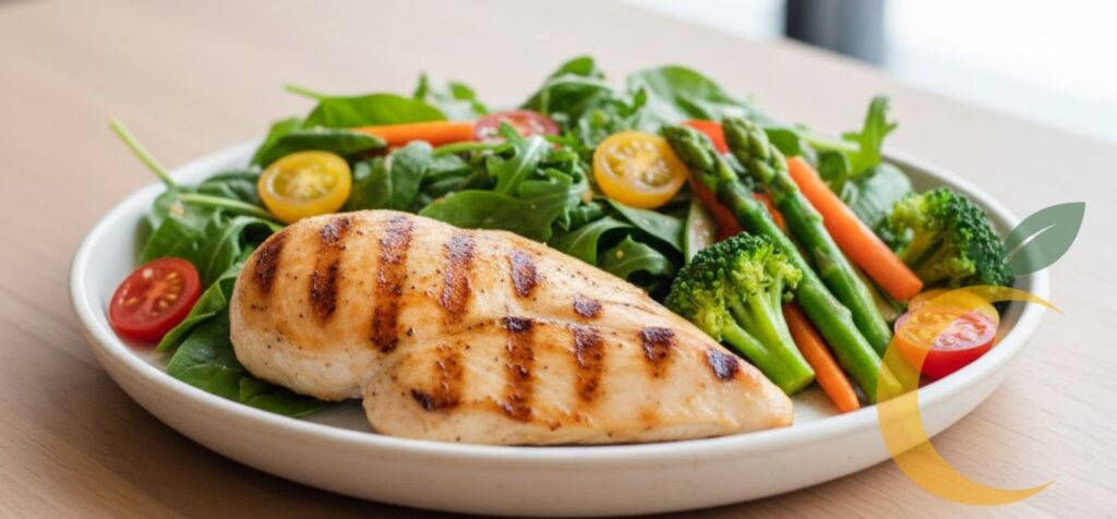 Peito de frango grelhado servido com legumes frescos, em prato clean e iluminado, representando uma refeição saudável e nutritiva.