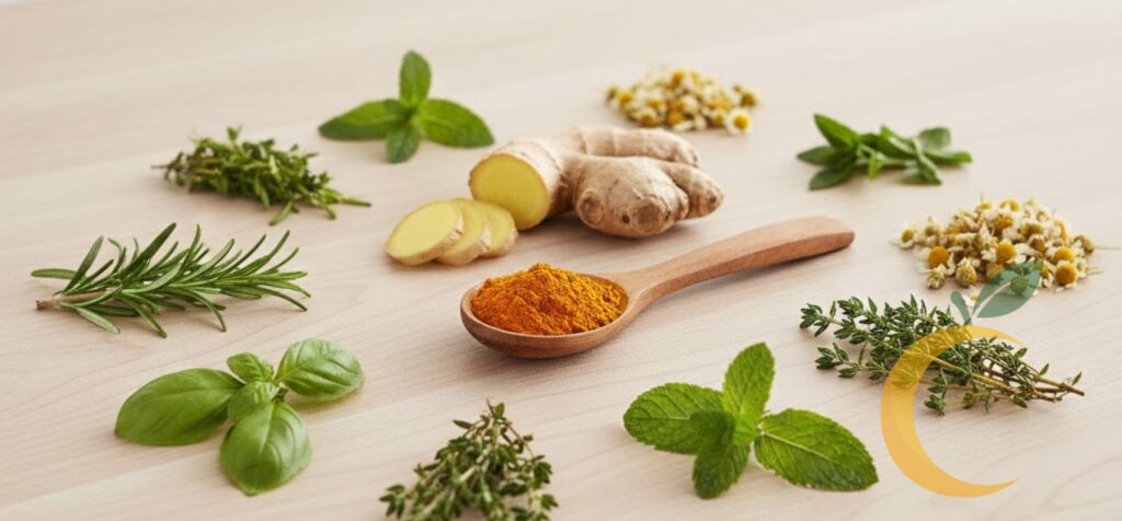 Ervas anti-inflamatórias variadas sobre uma mesa, incluindo cúrcuma, gengibre, alecrim, hortelã, camomila e manjericão, organizadas de forma natural e saudável.