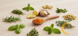 Ervas anti-inflamatórias variadas sobre uma mesa, incluindo cúrcuma, gengibre, alecrim, hortelã, camomila e manjericão, organizadas de forma natural e saudável.