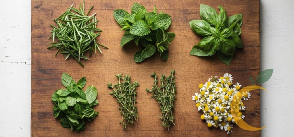 Ervas funcionais frescas organizadas em tábua de madeira, mostrando alecrim, hortelã, manjericão, tomilho e camomila — ingredientes naturais ricos em benefícios para a saúde.