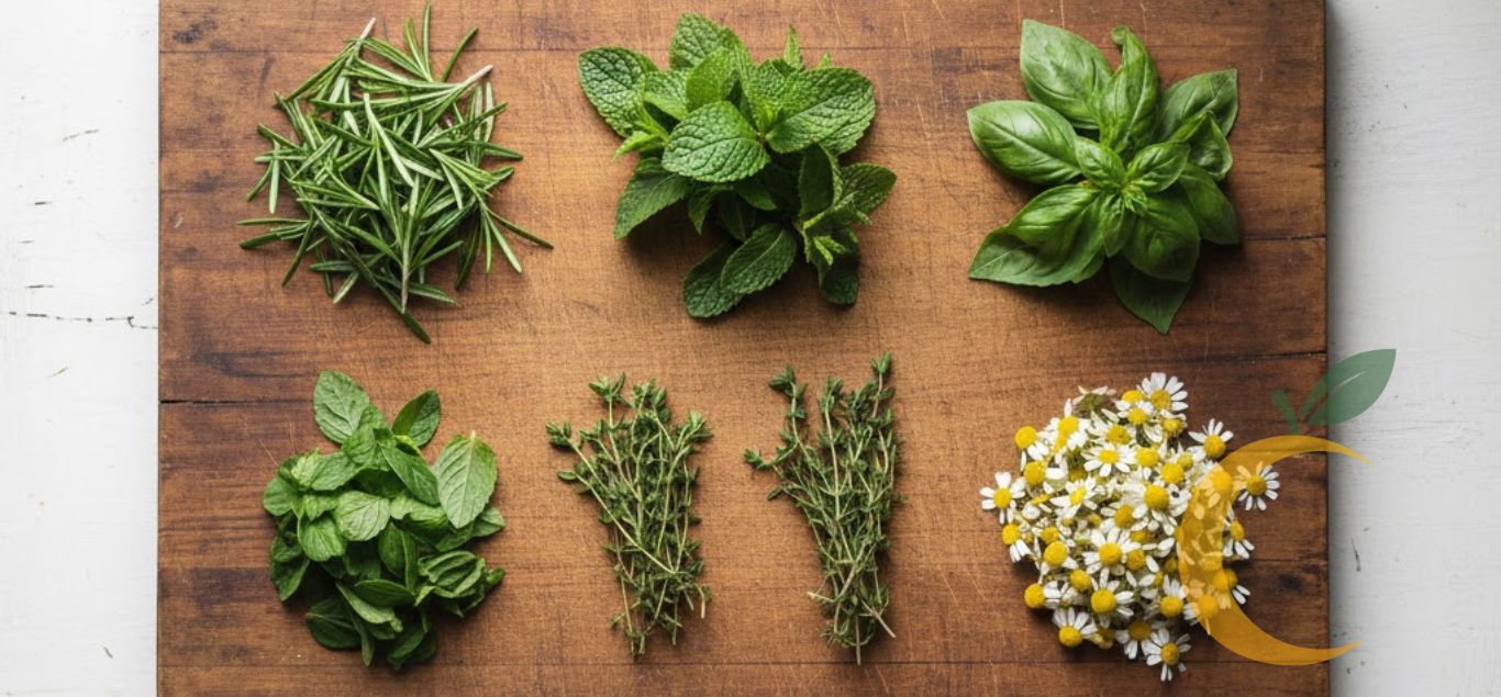 Ervas funcionais frescas organizadas em tábua de madeira, mostrando alecrim, hortelã, manjericão, tomilho e camomila — ingredientes naturais ricos em benefícios para a saúde.