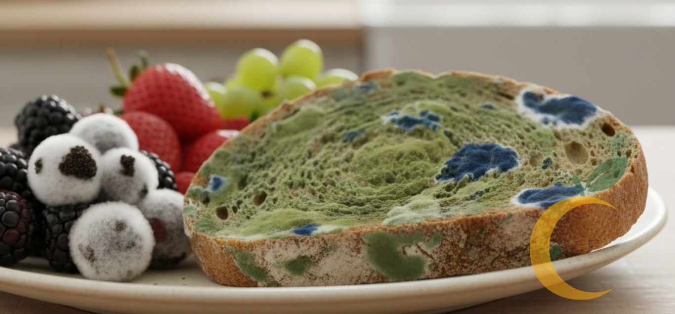 Close de alimentos com mofo visível e fundo desfocado, representando fungos alimentares.