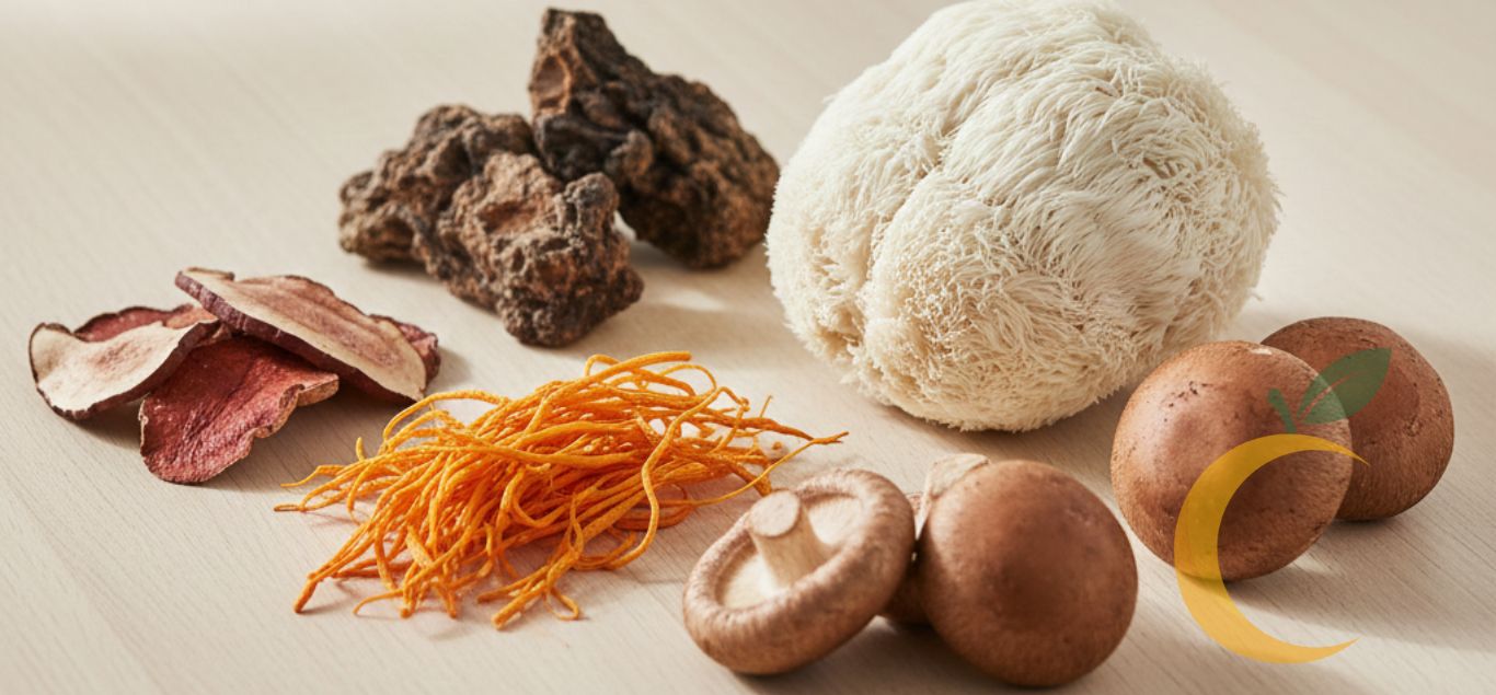 Fungos medicinais variados, como reishi, lion’s mane, cordyceps e chaga, dispostos sobre uma mesa.