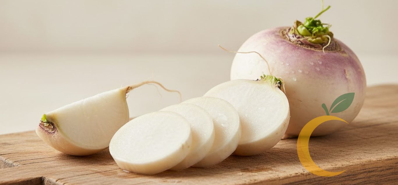 “Nabo fresco cortado em fatias sobre tábua de madeira.”