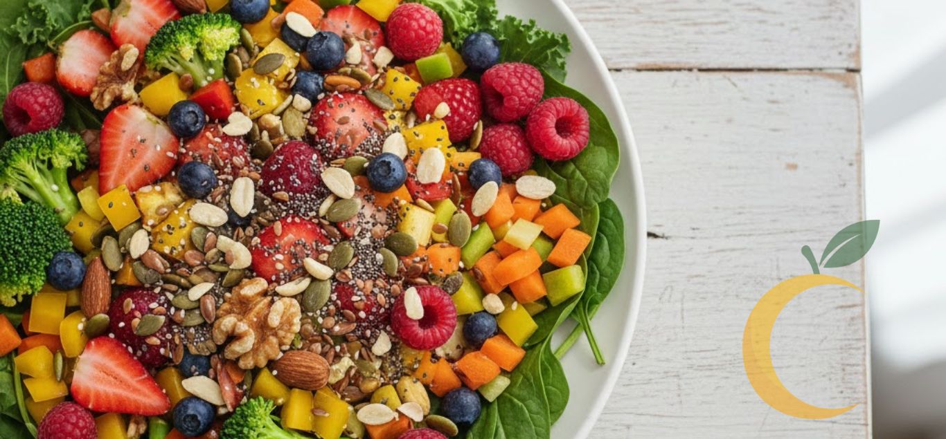 Prato colorido com alimentos funcionais frescos, incluindo frutas vermelhas, folhas verdes, legumes variados, castanhas e sementes, apresentados de forma harmoniosa sobre mesa de madeira clara. Estilo clean, iluminação natural e sensação de saúde e leveza.
