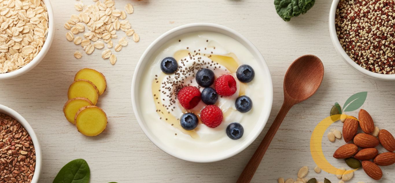 Uma mesa clean com alimentos funcionais naturais como cúrcuma, gengibre, frutas vermelhas, aveia, quinoa, castanhas, folhas verdes e iogurte natural. Luz suave, composição bonita e aspecto saudável.