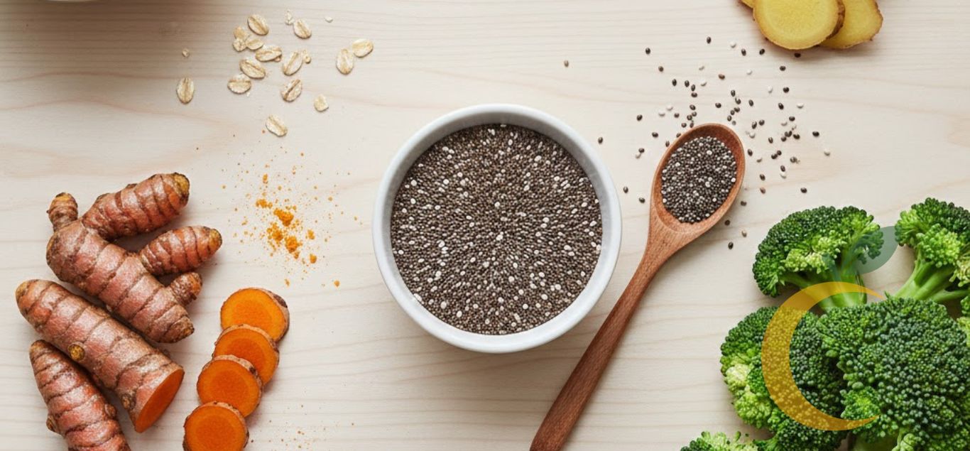 Cinco alimentos funcionais dispostos em uma composição bonita e colorida sobre uma mesa clara: cúrcuma, gengibre, brócolis, aveia em flocos e sementes de chia. Estética clean, luz natural e sensação de saúde vibrante.
